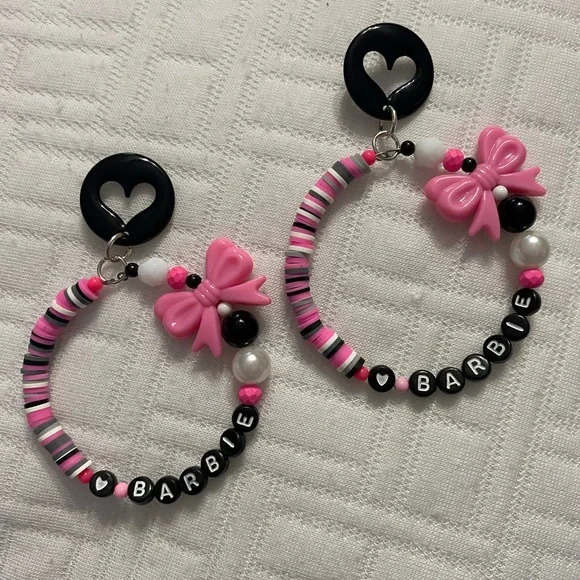 Barbie pink black heart Ken love  hoop rose black pink glam earrings school babe - Picture 2 of 3